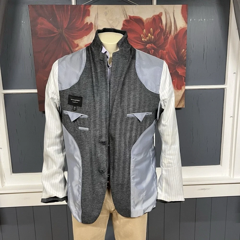 Banana‎ Republic Soft Knit Blazer Sport Coat Mens 44R Slim Fit Herringbone Gray